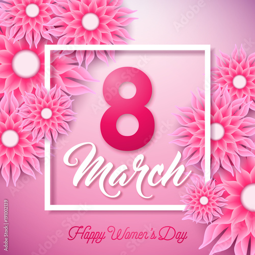 Happy Women's Day Illustration with Abstract Flower and 8 March Typography Letter on Pink Background. Vector Spring Flower Design Template for Greeting Card.