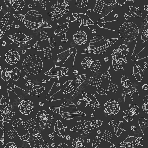 Hand drawn vector seamless pattern with cosmonauts, satelites, rockets, planets, moon, falling stars and UFO contours. Cosmic background for education and science portals.