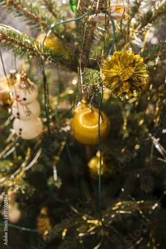 Golden ornaments on a Christmas tree.