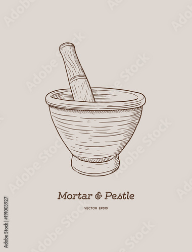 Mortar and pestle, sketch vector.