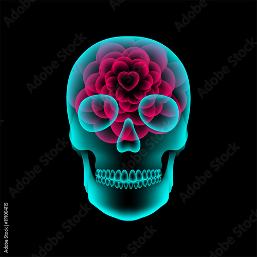 Skull X-ray with Heart flower symbol, love concept design, front view illustration isolated glow in the dark background, with copy space