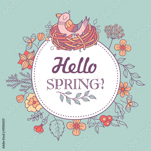 Hello  spring  Bird nests and spring flowers. Vector illustration.