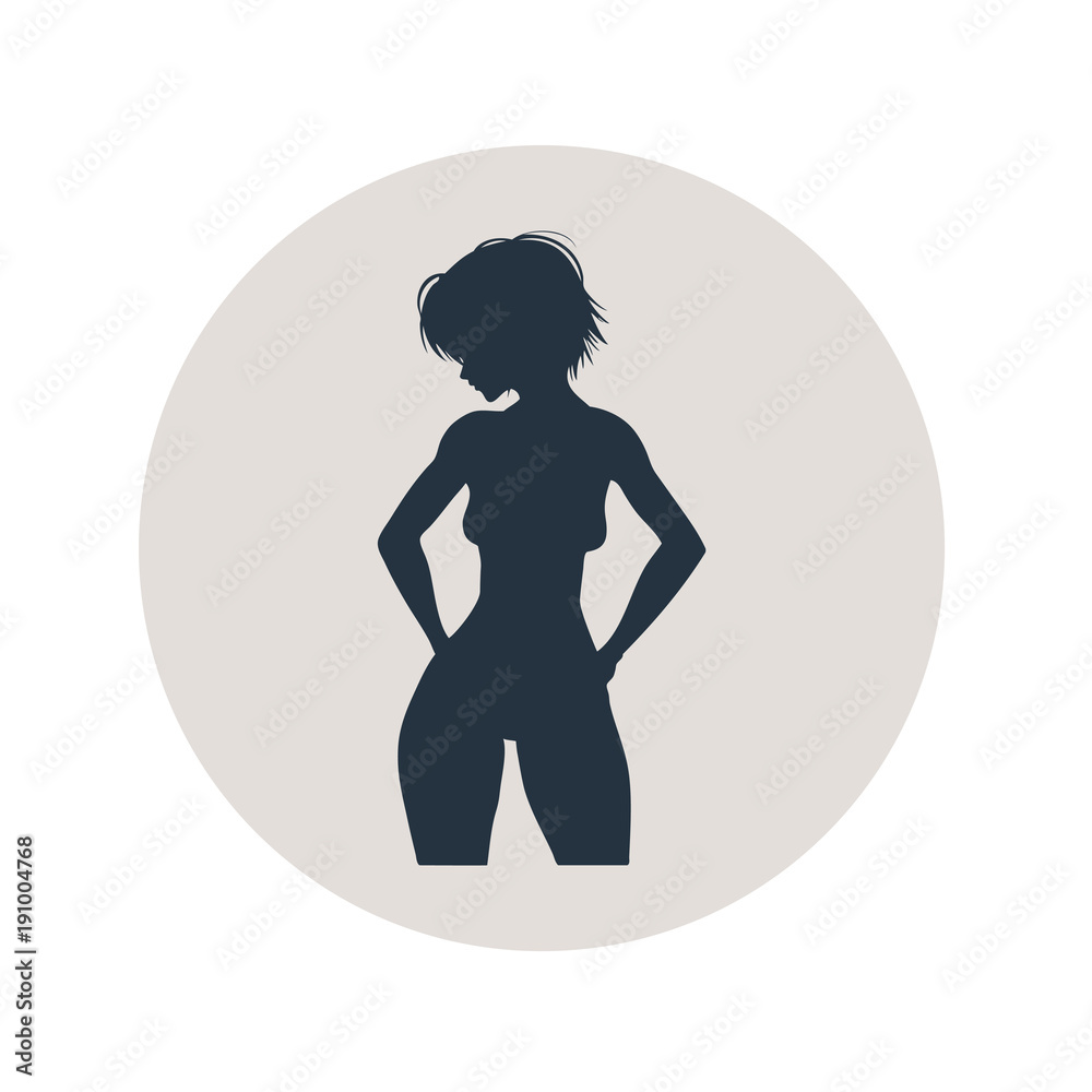 Icono plano silueta chica desnuda de pie en circulo gris Icono plano silueta chica desnuda de pie en circulo gris
