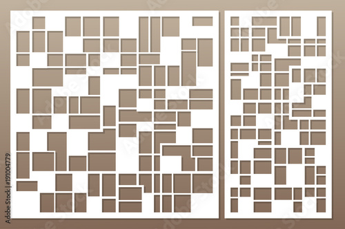 Template for cutting. Abstract lines, square, brick pattern. Laser cut. Set ratio 1:1, 1:2. Vector illustration.
