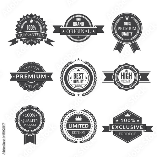 Vintage template of monochrome premium labels for guarantee bestseller and others. Vector stickers
