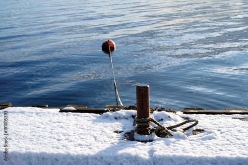A dock without a boat in winter