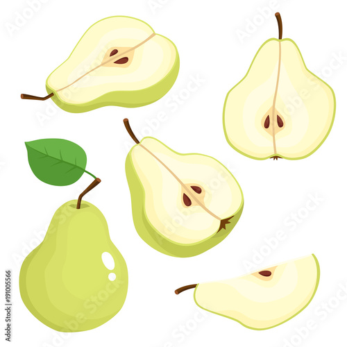 Bright vector set of juicy green pears isolated on white.