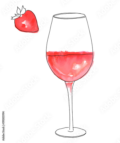 Vector and watercolor drawing of glass of rose wine with strawberry
