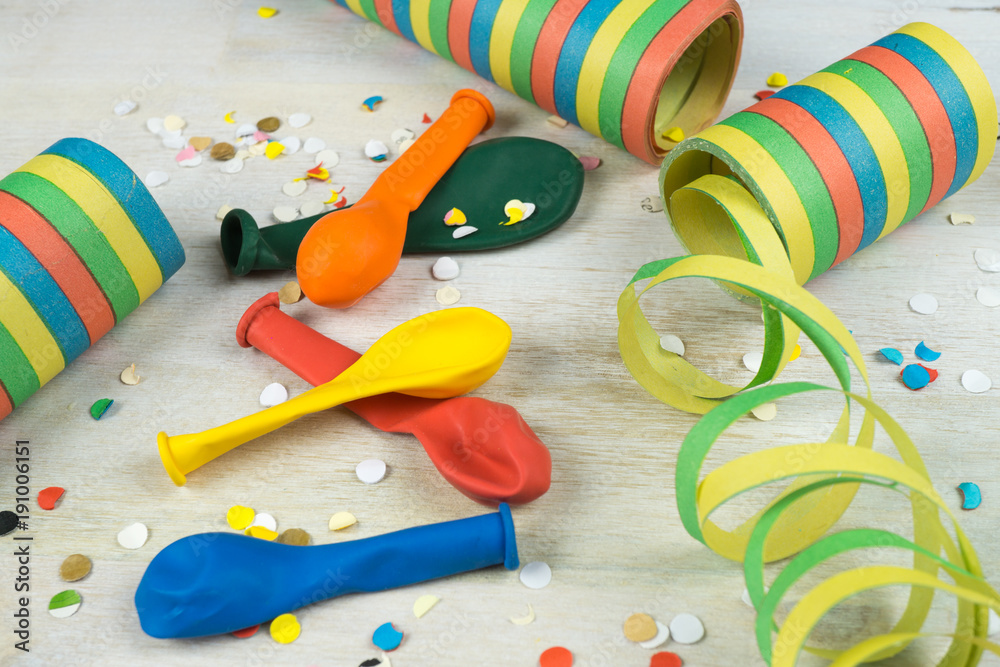Party decoration with confetti, balloons and streamers