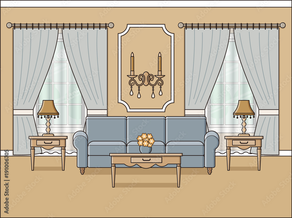 Room interior. Vector. Living room with windows in flat design. Linear  background. Home space with furniture in line art. Cartoon house in pastel  colors. Outline illustration. Salon in classic style. Stock Vector |