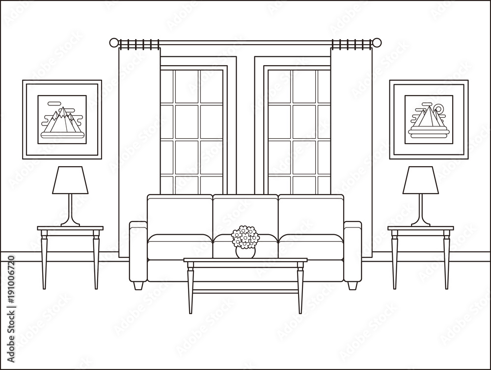 Living room interior with window. Linear room in flat design. Vector.  Outline background. Home space with furniture in line art. Coloring page. Cartoon  house equipment. Salon. Thin line illustration. Stock Vector |