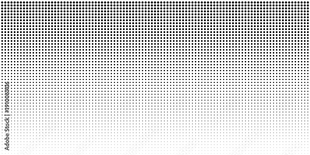 Vertical bw gradient halftone dots background, horizontal template using black halftone dots pattern.