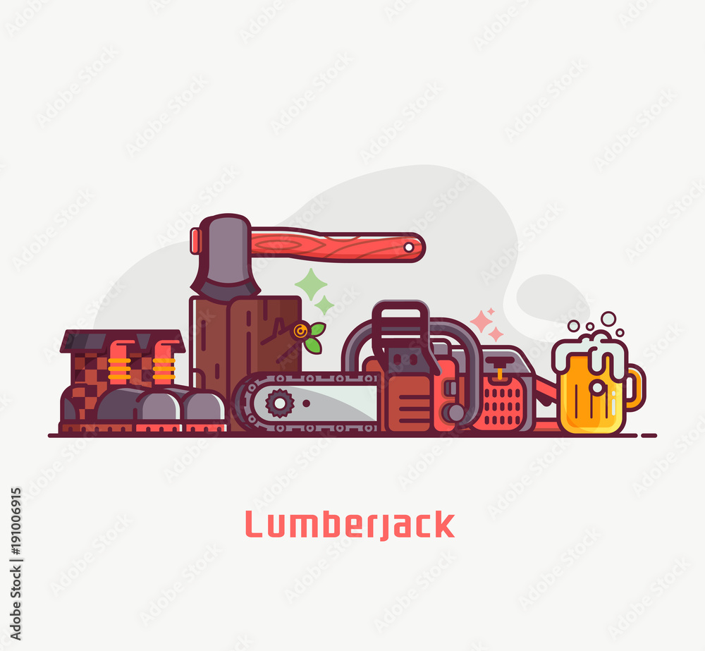 Forestry and tree surgeon concept banner with lumberjack lifestyle  equipment and items. Chainsaw, woodcutter boots, log and hatchet.  Professional logger tools pile. Sawmill background in flat design. Stock  Vector | Adobe Stock