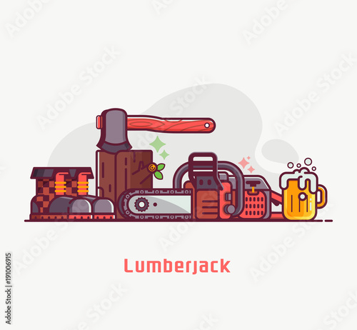 Forestry and tree surgeon concept banner with lumberjack lifestyle equipment and items. Chainsaw, woodcutter boots, log and hatchet. Professional logger tools pile. Sawmill background in flat design.