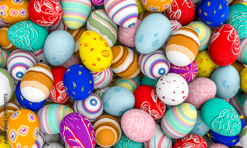  3d image of differently colored artistic easter eggs, variations of themes and colors. nobody around.