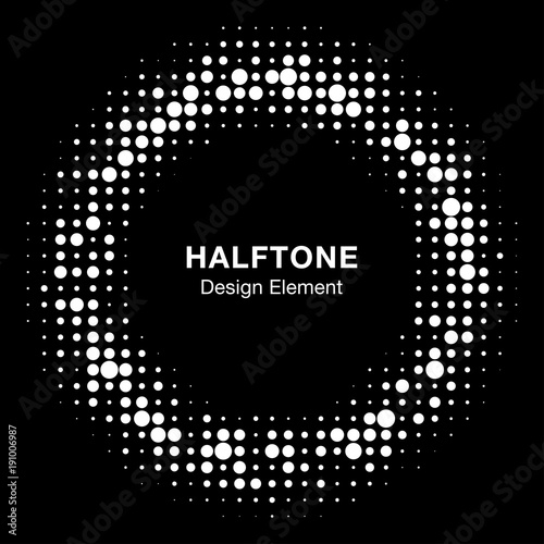 White Halftone circle vector frame with black abstract random dots, logo emblem design element for technology, medical, treatment, cosmetic. Round border Icon using halftone circle dots raster texture