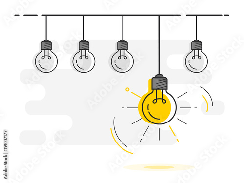 Set of light bulbs socket at the top with one glowing. Trendy flat vector light bulb icons with concept of idea on white background. 