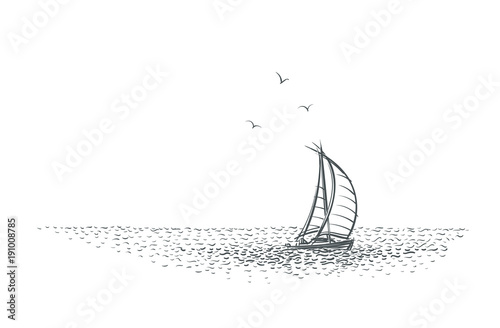 Fotografie, Obraz Sailboat/yacht in the sea sketch. Vector.