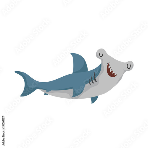 Cartoon hammerhead fish. Trendy design shark flat icon. Cheerful and closed eyes. Wildlife vector illustration.