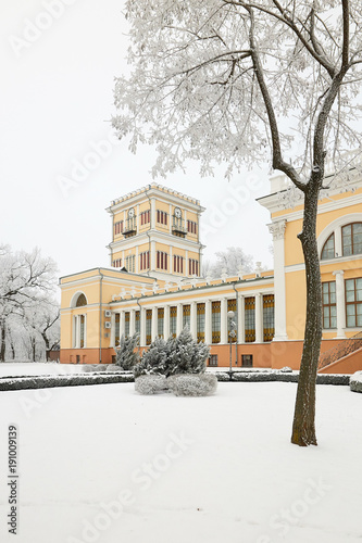 GOMEL, BELARUS - JANUARY 23, 2018: Prince Paskevich's Palace in the city park in icy frost.