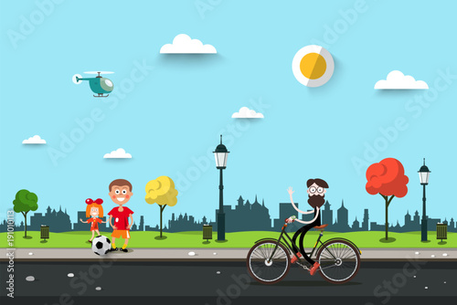 Man on Bicycle with Children on Sidewalk. Flat Design City Park Life Scene. Sunny Day Urban Landscape.