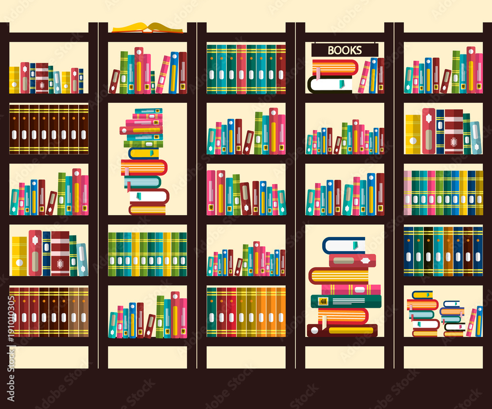 Books in Library. Vector Flat Design Illustration.