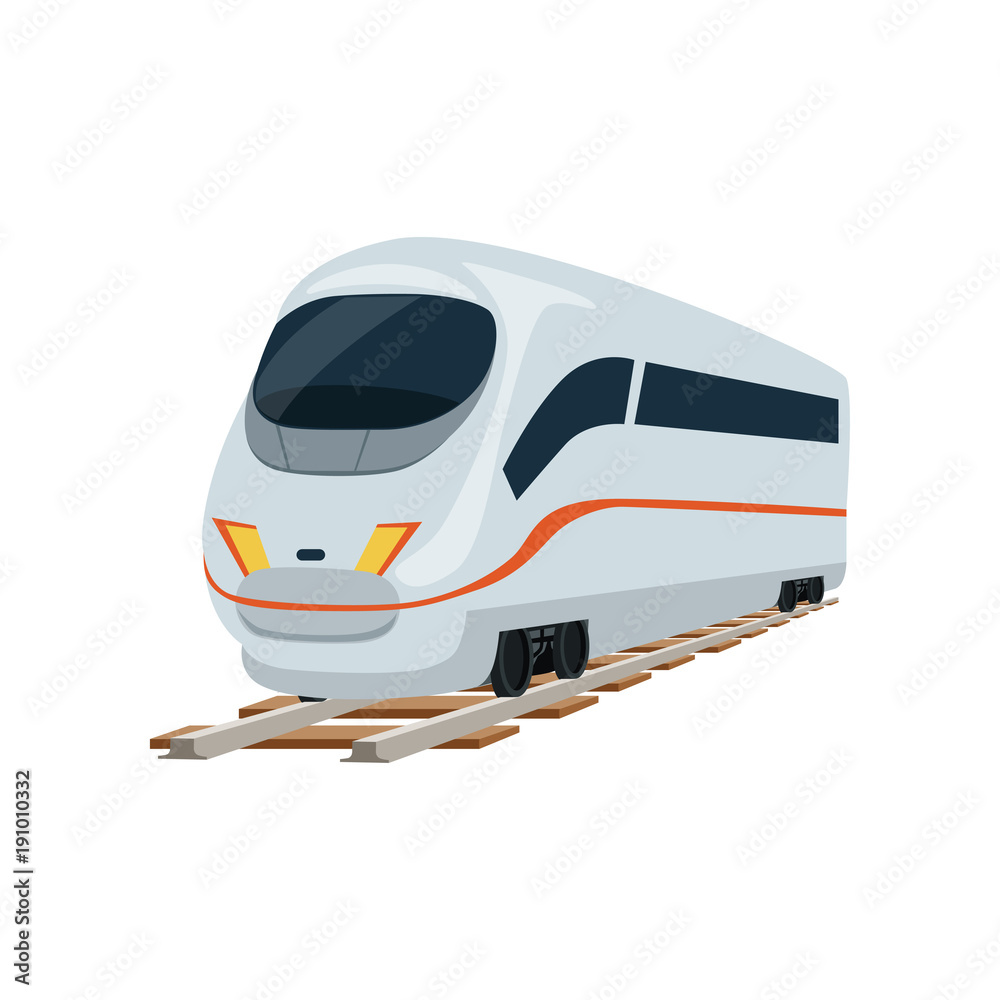 Fototapeta premium Speed modern white railway train locomotive, passenger waggon vector Illustration