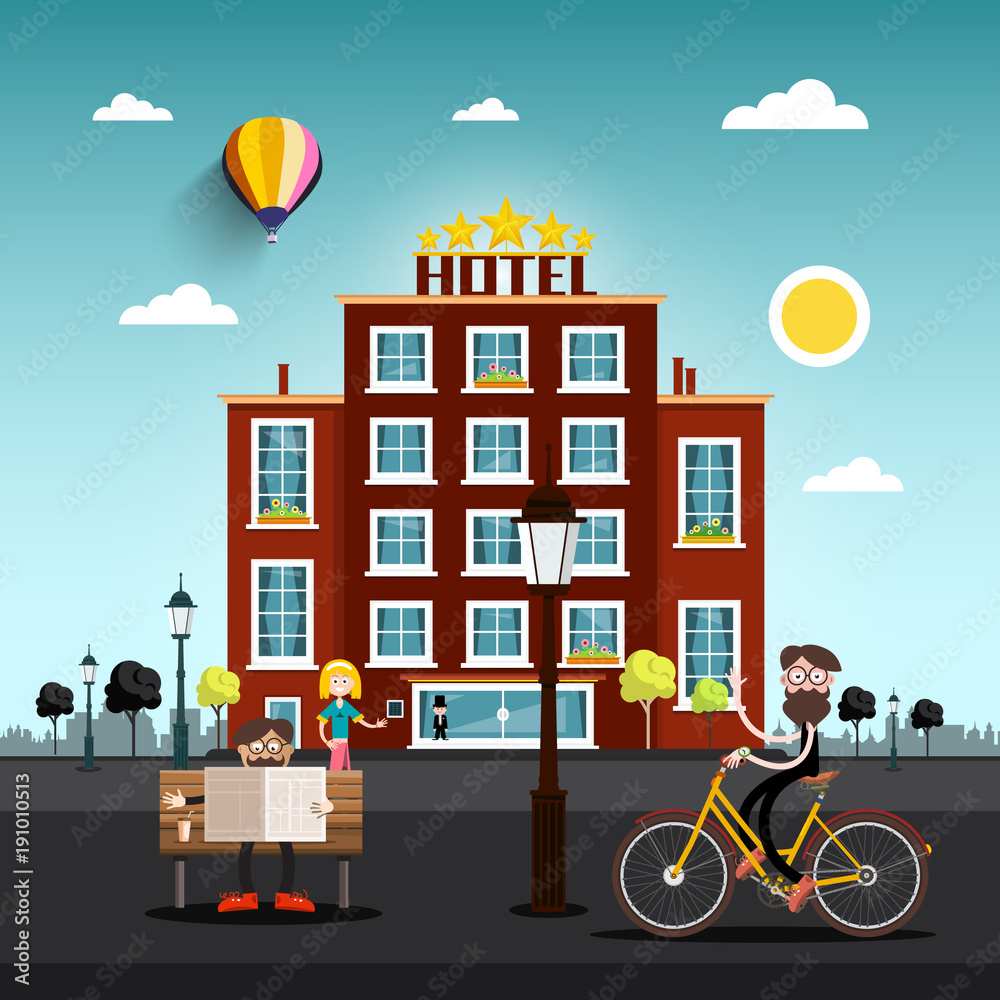 People in the City with Skyline on Horizon. Hotel Building on Background. Flat Design Vector Illustration.