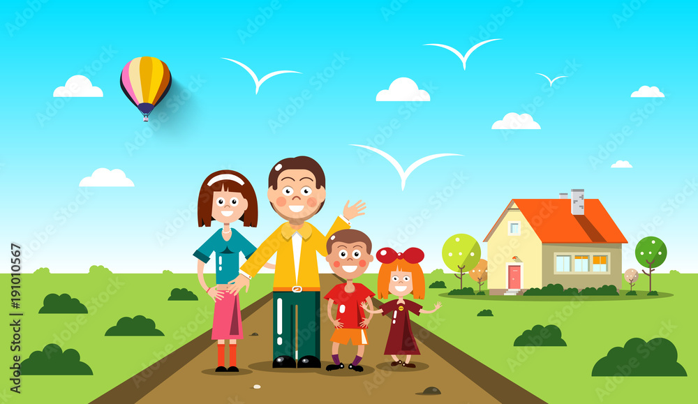People with Family House on Background. Vector Flat Design Landscape.