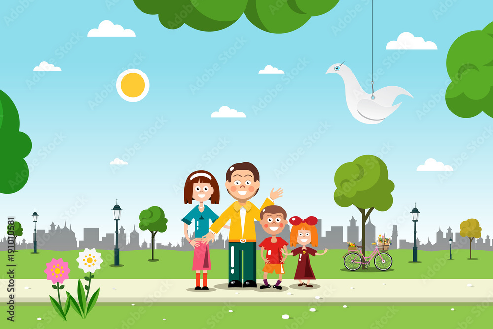 Naklejka Rodzina w parku miejskim. Ilustracja Płaska konstrukcja Vetor.