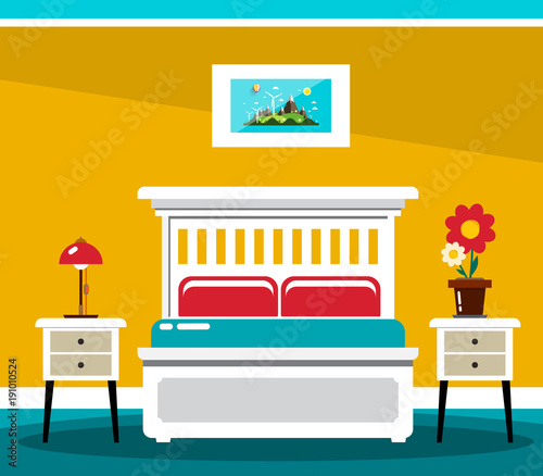 Hotel Room Bed. Vector Flat Design Interior Illustration.