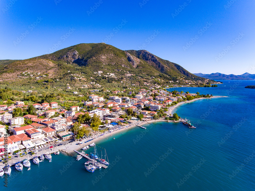 Nidri town in Lefkada  Island Greece, the second biggest city and tourist destination on the island. Aerial view