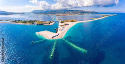 Panoramic view over Lefkada Island and harbour entrance at the floating swing bridge photo