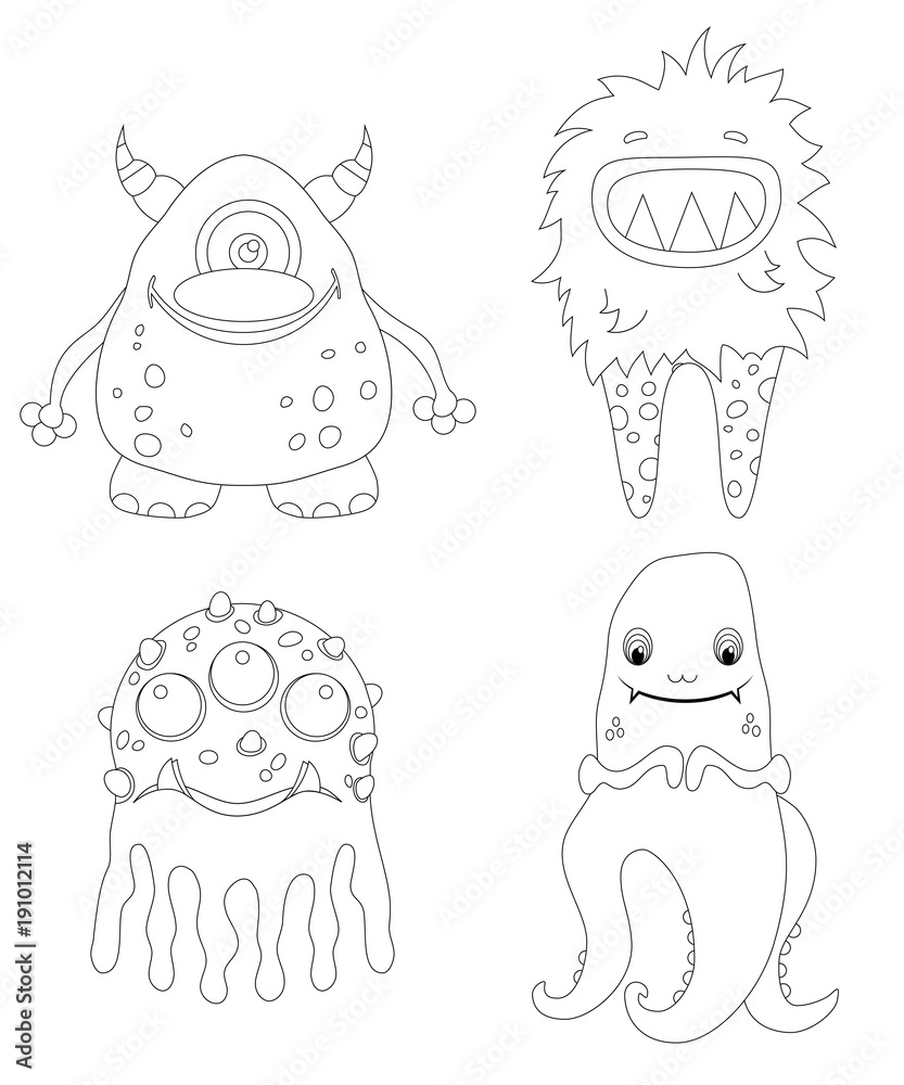 Childrens coloring page with funny cartoon monsters Stock Vector ...