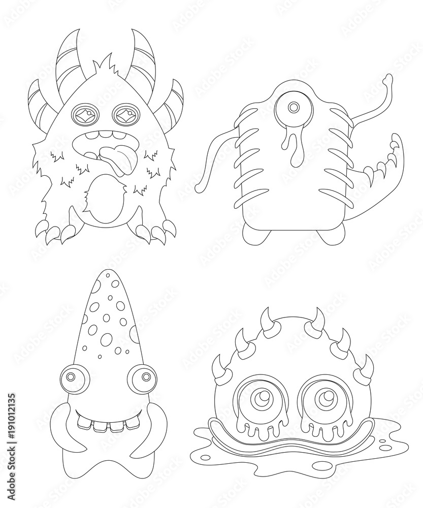 Childrens coloring page with funny cartoon monsters