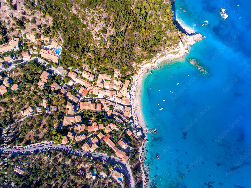 Top down aerial view of Agios Nikitas village and beach in Lefkada Greece
