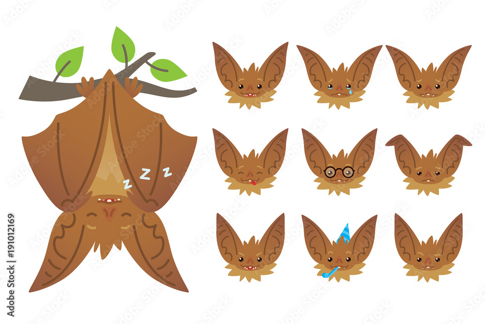 Bat sleeping, hanging upside down on branch. Animal emoticon set. Illustration of bat-eared brown creature with closed wings in flat style. Emotional heads of cute Halloween bat vampire. Emoji. Bat sleeping, hanging upside down on branch. Animal emoticon set. Illustration of bat-eared brown creature with closed wings in flat style. Emotional heads of cute Halloween bat vampire. Emoji.