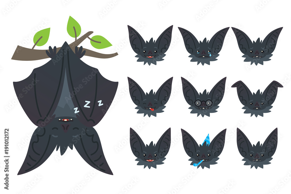 Bat sleeping, hanging upside down on branch. Animal emoticon set. Illustration of bat-eared grey creature with closed wings in flat style. Emotional heads of cute Halloween bat vampire. Emoji. Vector.