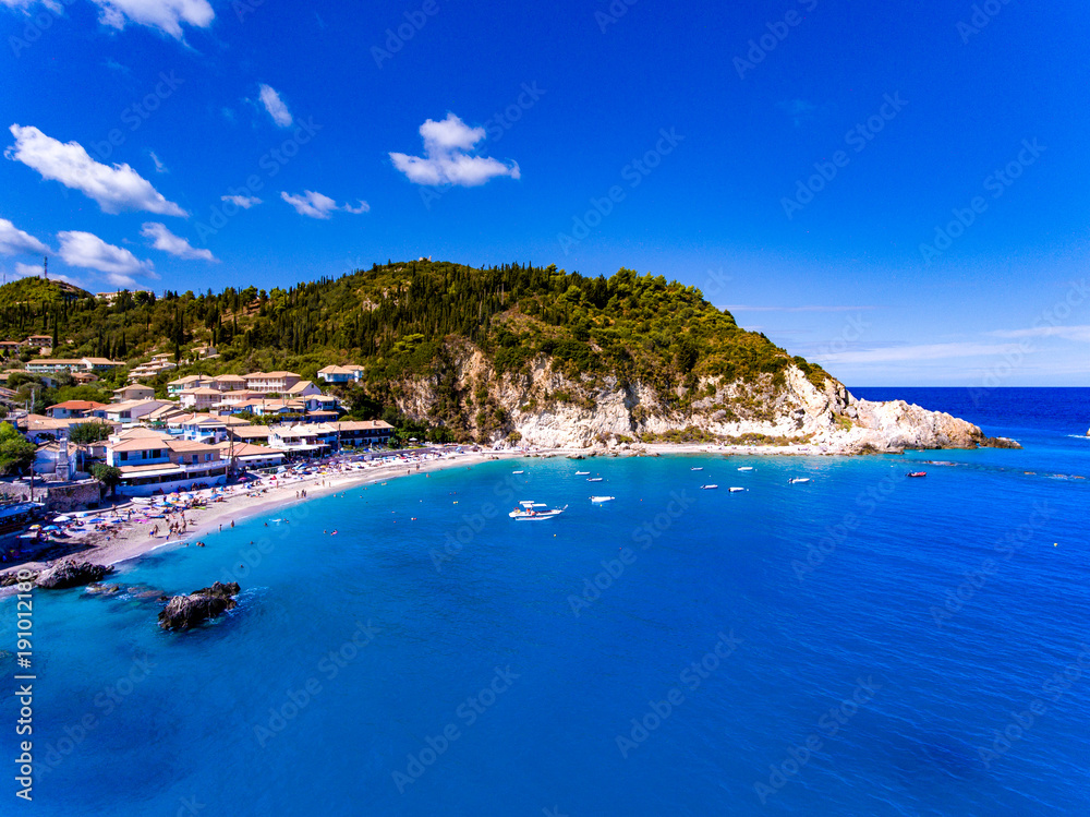 Panoramic view of Agios Nikitas Beach in Lefkada, Greece. Aerial view.