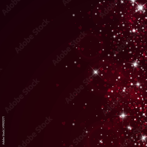 Falling hearts valentine background. Scatter right gradient on wine red background. Falling hearts valentines day favorable design. Vector illustration.
