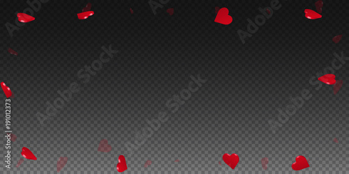 3d hearts valentine background. Wide scattered frame on transparent grid dark background. 3d hearts valentines day flawless design. Vector illustration.
