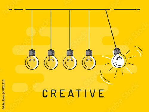 Newton's cradle with glowing light bulb. Trendy flat vector light bulb icons with concept of creative idea on yellow background. 