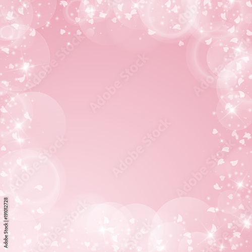 Falling hearts valentine background. Chaotic border on pink background. Falling hearts valentines day favorable design. Vector illustration.