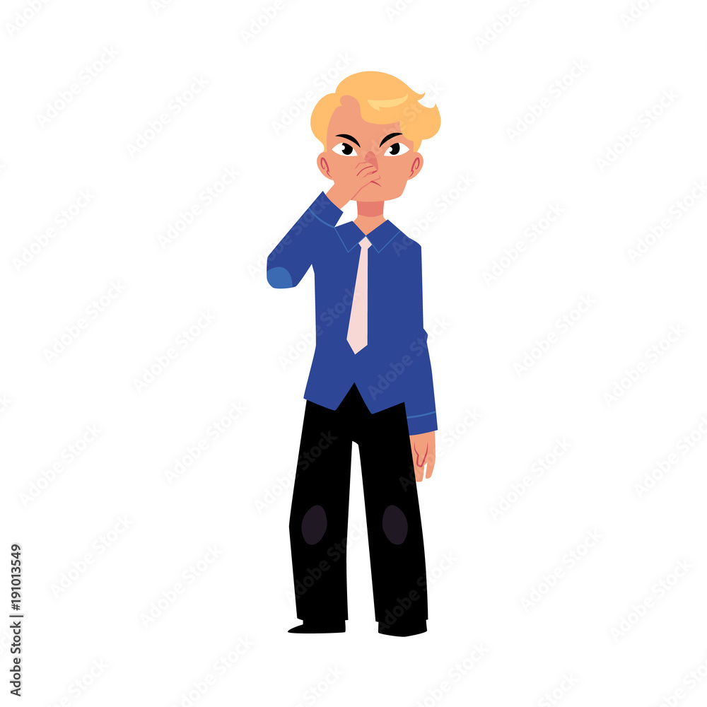Vector flat adult business man in suit pinching his nose with angry, irritated expression . Male character bad smell from nicotine tobacco, smoking risk concept. Isolated illustration white background