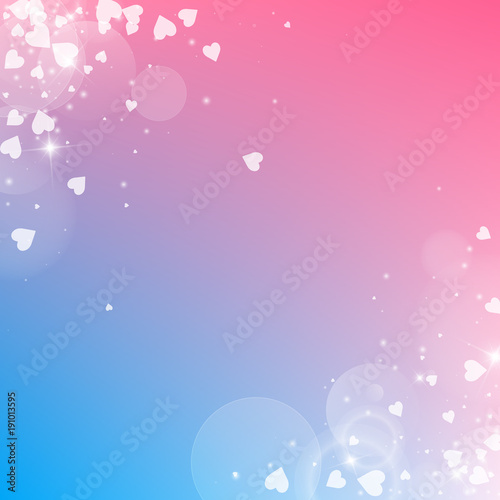 Falling hearts valentine background. Scatter abstract corners on color transition background. Falling hearts valentines day amazing design. Vector illustration.