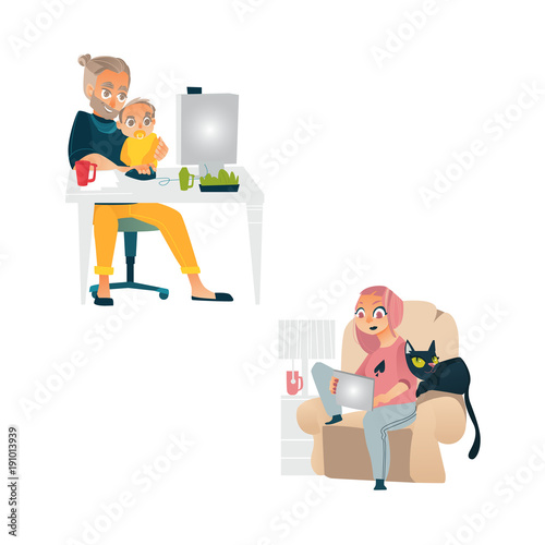 Vector cartoon people working from home, remote, freelance work . Adult man sitting at workplace typing at desktop keyboard with baby nipple knees woman sitting at armchair typing at laptop with cat