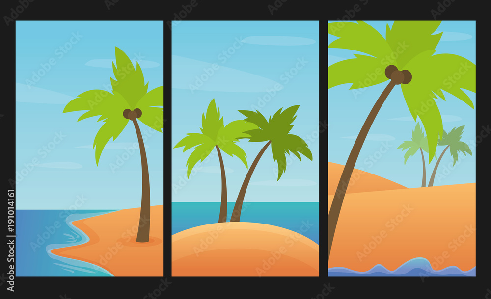 Landscapes set with palms, sand and sea. Summer vector illustration