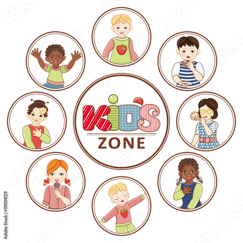 Vector flat multinational kids zone portraits in circles set. african black, caucasian and asian boy and girl kids icon dancing singing having fun. Isolated illustration, white background.