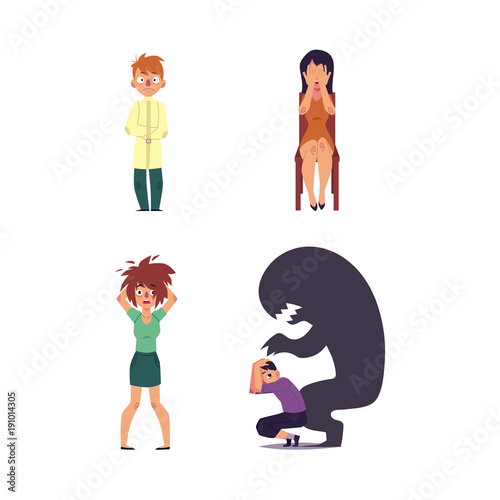 vector flat mental illness set. Woman with depression sitting at chair crying, girl with mental anxiety problem holding disheveled hair, male character sitting with monster shadow, man in straitjacket