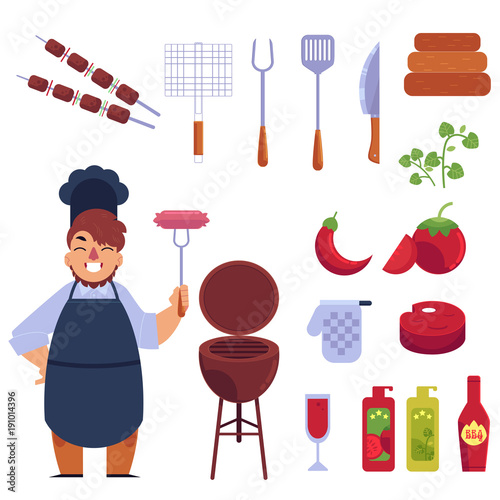 Flat style cartoon set of bbq, barbecue objects - funny cook, grill, kitchen tools, sauces, vector illustration on white background. Set of flat cartoon icons of bbq, barbecue objects and male cook